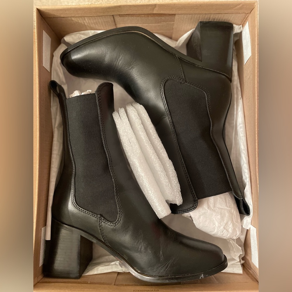 STEVE MADDEN Womens Black Pull Tab Argent Toe Block Heel Leather Chelsea 7.5 - Picture 6 of 8